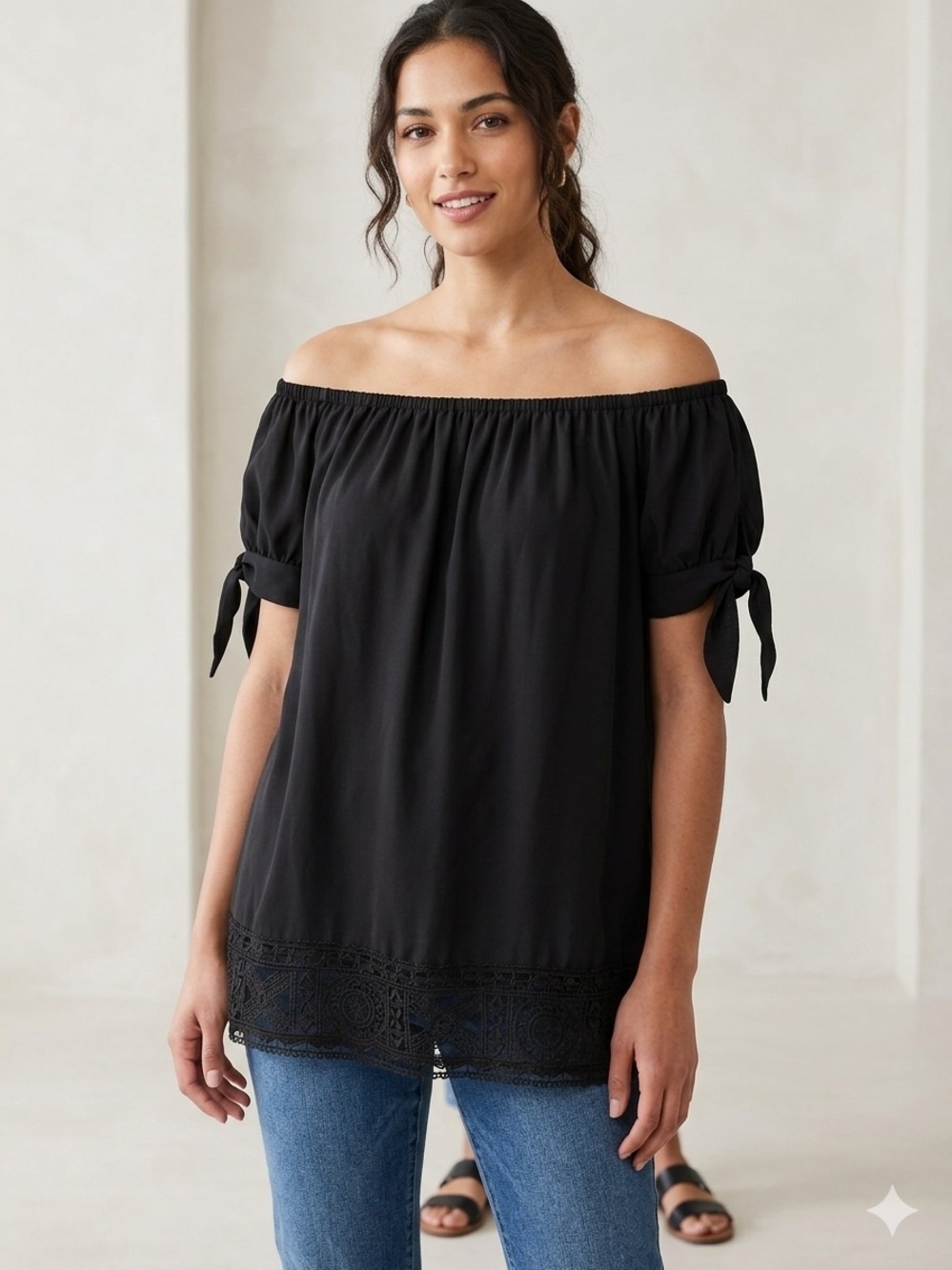 Lulu's | Black Off-Shoulder Tie-Sleeve Top with Lace Hem | Sz XL
